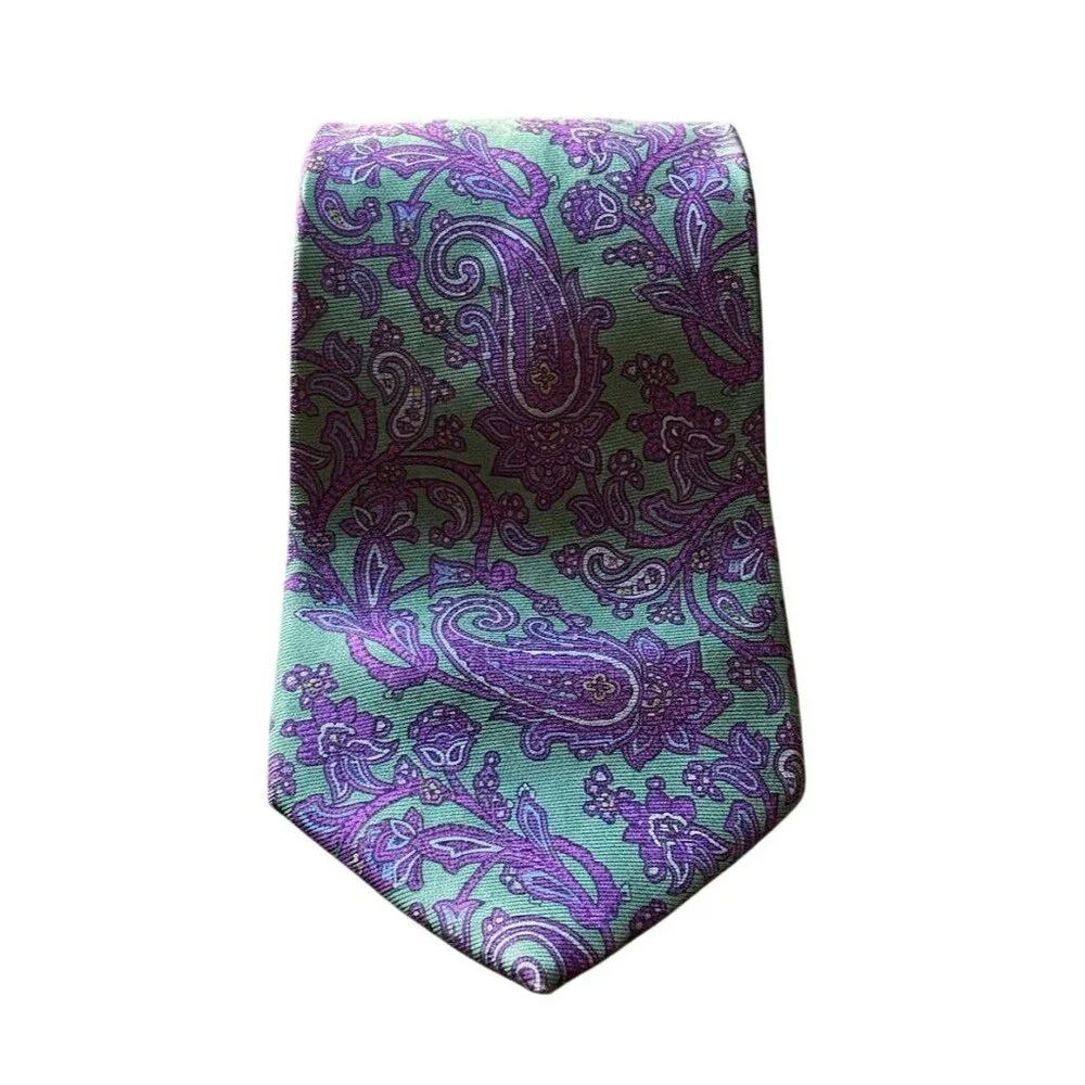 Vintage Bert Pulitzer Lord & Taylor Silk Tie Teal Purple Floral Paisley Foulard